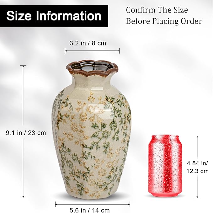 Green Vinatge Vase, Gorgeous Pastoral Octagonal Ceramic Flower Vase, Rustic Farmhouse Ice Cracked Large Chinoiserie Floral Vases for Home Decors, Cottage, Coffee Table, Bookshelf, 9.1 Inch