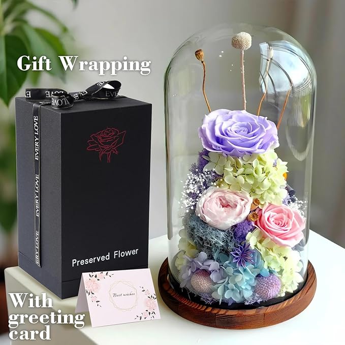 Flowers for Delivery - Forever Flowers Rose in Glass Dome with LED Lights, Large Size Preserved Roses Gifts for Women, Mom, Wife, Friend -Birthday, Anniversary, Valentine's Day Gift (Purple+Pink)