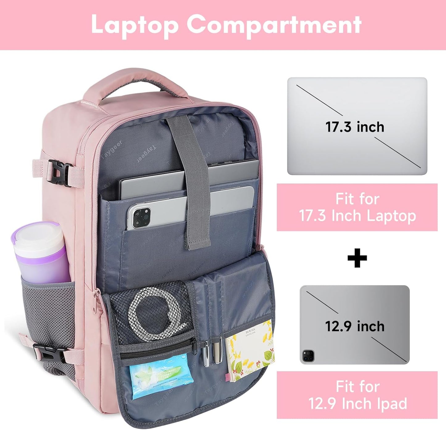 Taygeer Laptop Backpack - Large 17.3-Inch Travel Bag | TSA-Friendly 40L Daypack for Women, Pink
