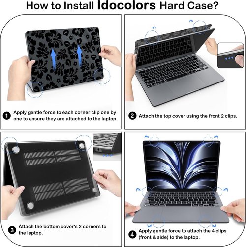 Idocolors MacBook Air 13-Inch Case - Crystal Hard Shell Protective Cover | Black Hibiscus Flowers