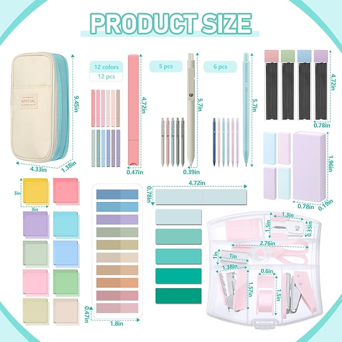 Sinload 60 Pcs Aesthetic Book Annotation Kit School Supplies Cute Pencil Case 12 Highlighter 5 Gel Pen 6 Mechanical Pencil 5 Magnetic Bookmark 1220 Pcs Sticky Note Tab Student Stationary(Mint Green)