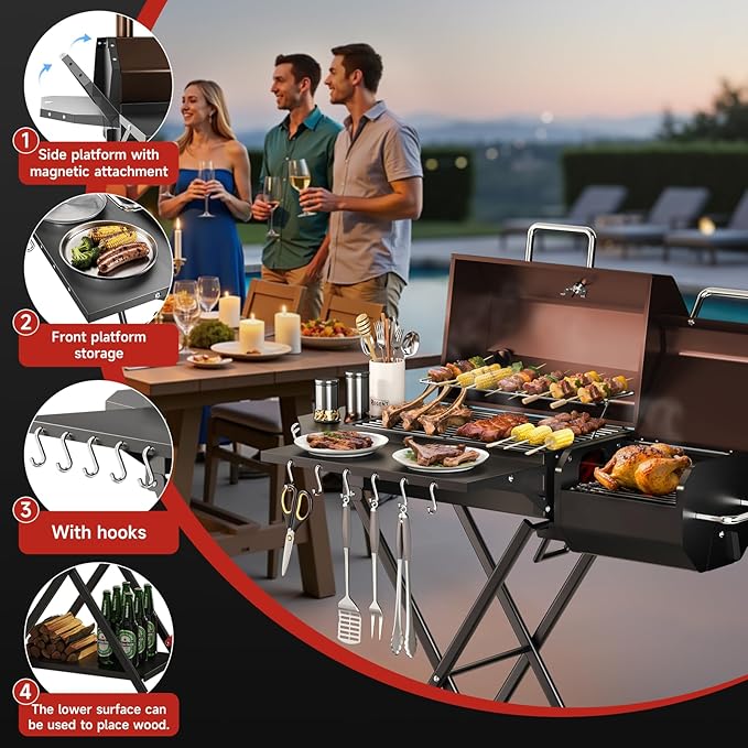 kscocinaBBQ Portable Charcoal Grill with Smoking Function, Foldable Suitcase Design with Wheels, Multi-Tier Storage Rack & Waterproof Cover for Outdoor BBQ Parties (Khaki)