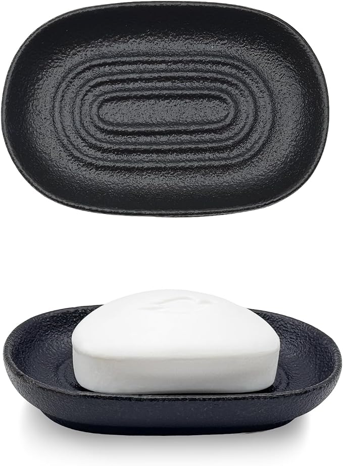 Ceramic Soap Dish for Bathroom & Kitchen Sink- Black Matte Textured Finish Bar Soap Holder for Shower - Easy to Clean Small Simple Oval Soap Dishes Holders for Bar Soaps, Sponges, Jewelry