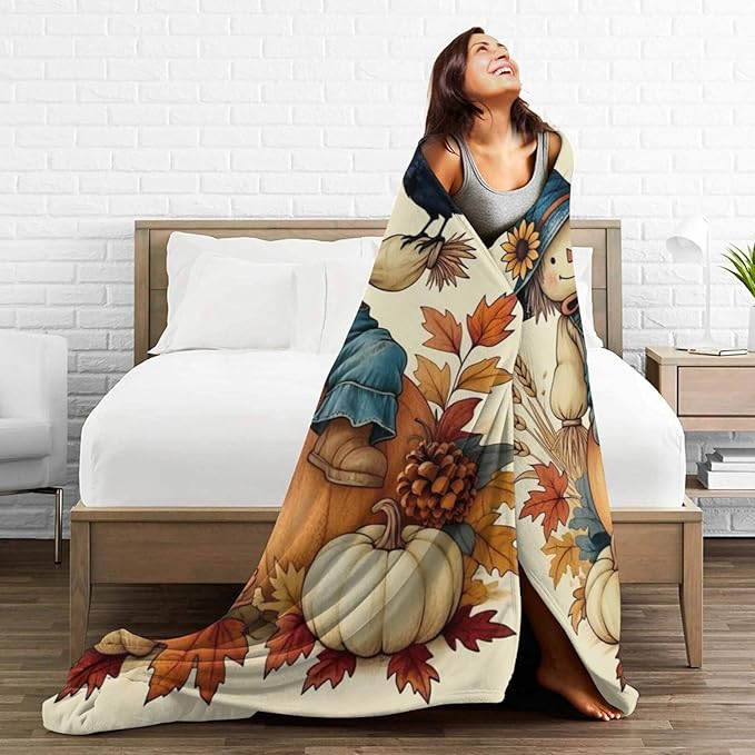Fall Pumkin Blanket Farmhouse Autumn Harvest Throw Blanket Fall Scarecrow Soft Cozy Fleece Fuzzy Stuffed Plush Flannel Gifts for Girls Women Boys Kids Adults 40''x50''