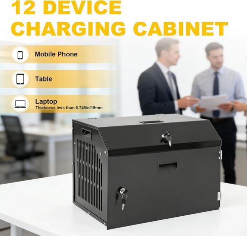 Biosp 12-Device Portable Charging Station - Lockable Storage for Tablets & Laptops | Black