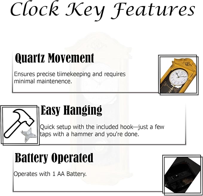 Clockswise Vintage Grandfather Wood - Looking Plastic Antique Pendulum Wall Clock for Living Room Decor, Kitchen, Office, Or Dining Room, Silent Wall Mount Battery-Operated (Yellow)