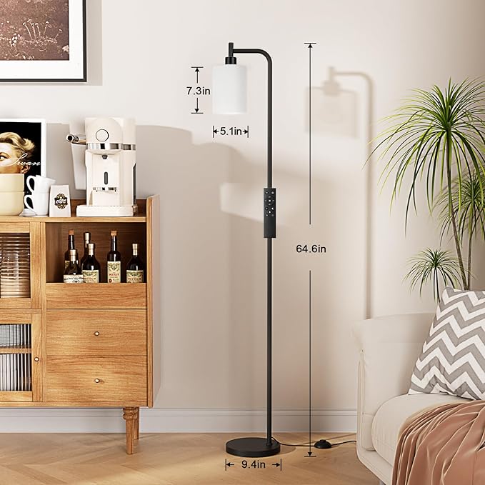 Ziisee Floor Lamps for Living Room - Standing Lamp with Remote Control Glass Shade, Modern Floor Lamp with LED Bulbs, Bright Industrial Floor Lamp for Bedroom, Black Tall Lamp for Office