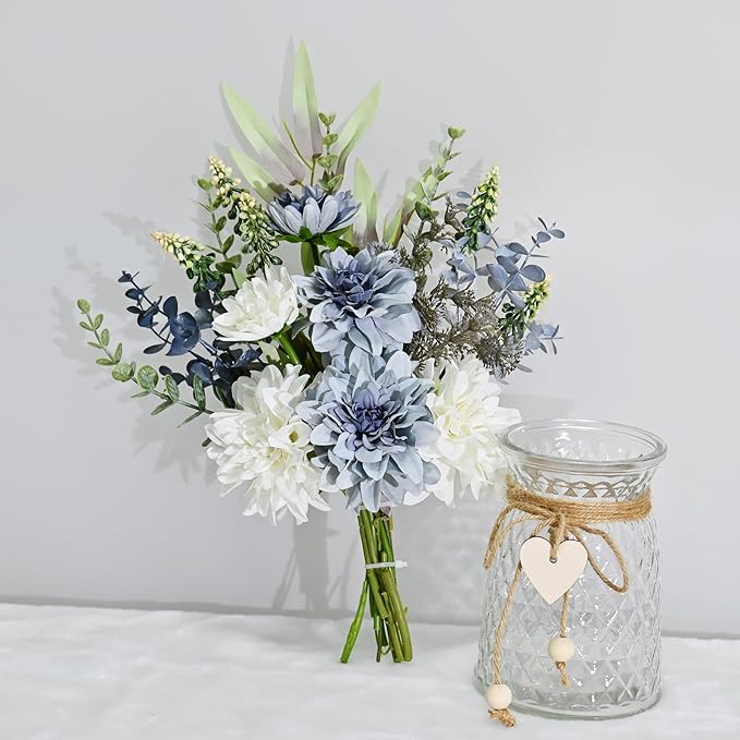 LADADA Artificial Flowers in Glass Vases, Silk Dahlia in Vases, Offices, Farmhouses, Bathrooms, Dining Tables, Coffee Tables, Decorative Artificial Flowers