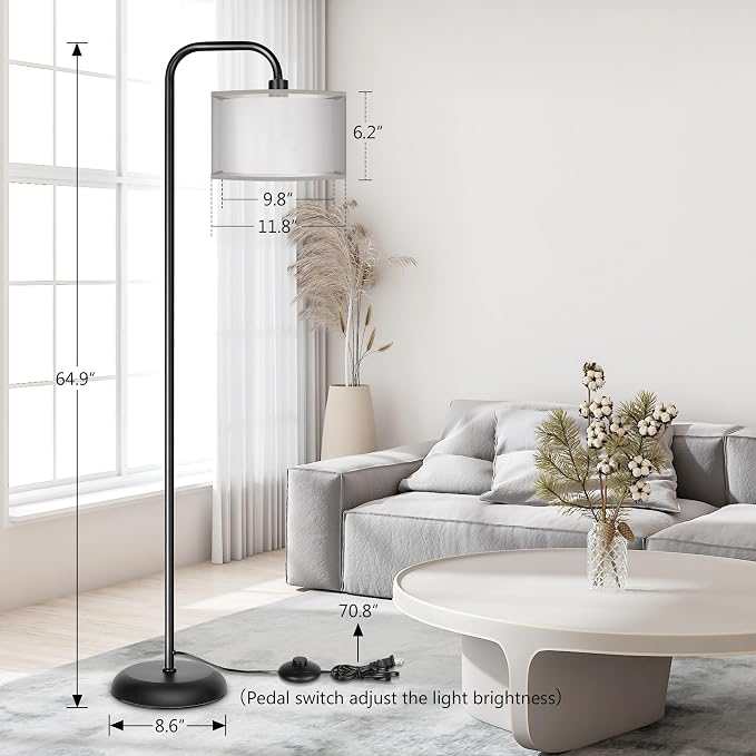 PARTPHONER LED Floor Lamp for Living Room, Modern Standing Lamp with Foot Switch Grey Organza Fabric Shade Tall Pole Reading Lamp for Bedroom Study Room Office, 9W Bulb Included
