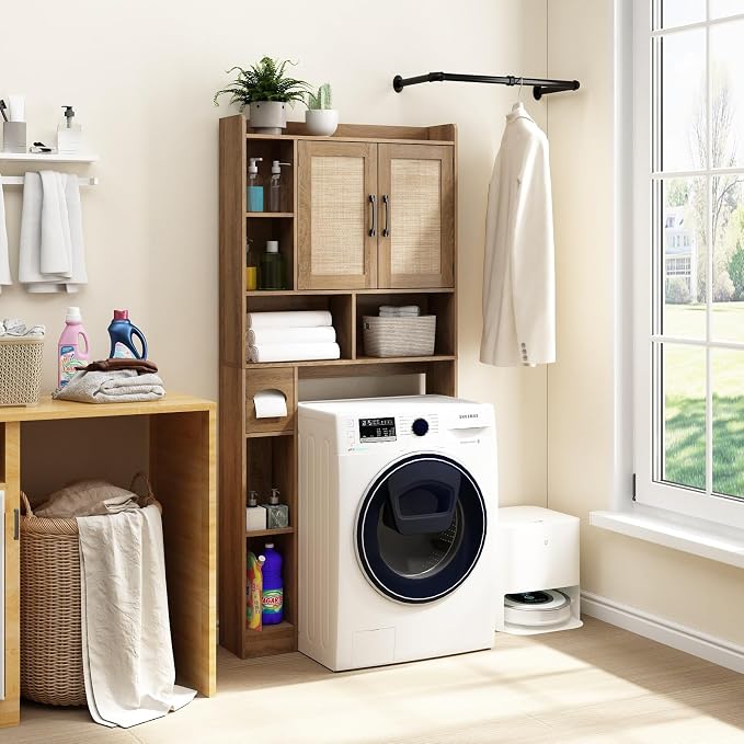 RUSTOWN Rattan Over The Toilet Storage Cabinet,Boho Over Toilet Bathroom Organizer with 2 Doors & Adjustable Shelves,Modern Above Toilet Rack with Toilet Paper Holder for Bathroom (Rustic Oak)