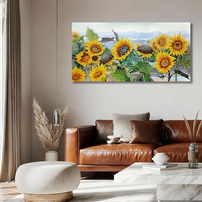 Ardemy Sunflower Wall Art Canvas Flower Yellow Picture Floral Landscape Painting for Living Room, Nature Large Framed Artwork Bedroom Dining Room Home Office Wall Decor 48"x24"