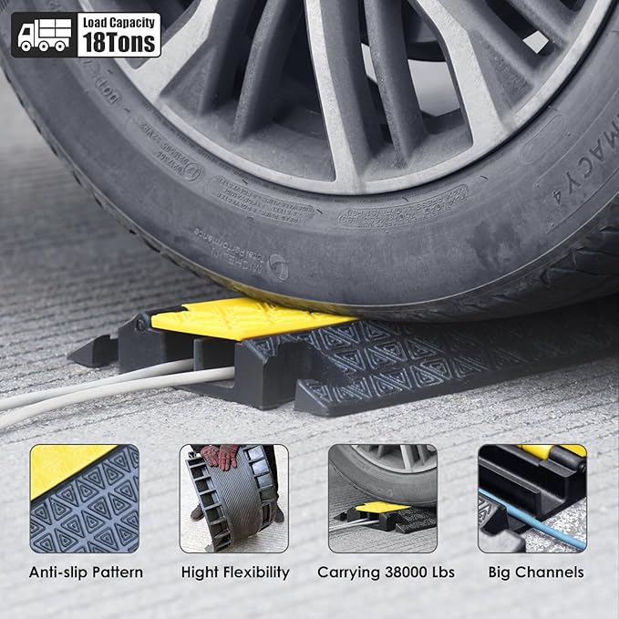 OranLite Heavy-Duty Rubber Cable Protector Ramp, Floor Cable Wire Cord Cover Speed Bumps 22000 Lbs Load Capacity, Driveway Hose Cable Ramp Protective Cover for Indoor Outdoor (Small 2-Channel x 4Pcs)