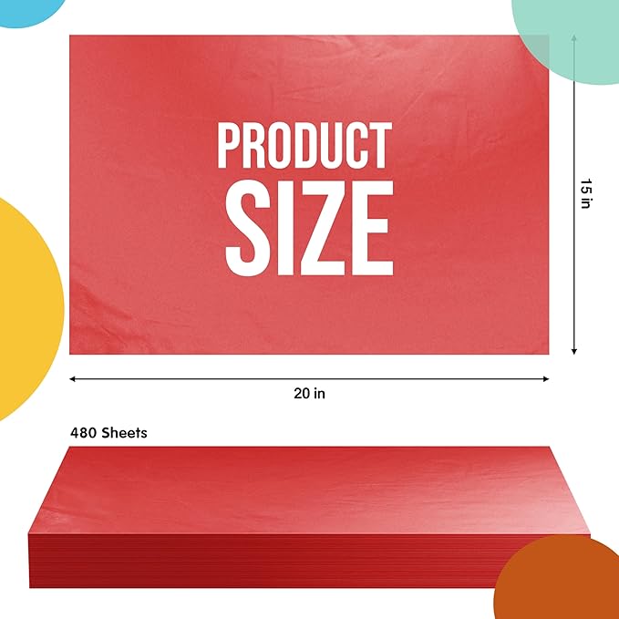 Party Solids Red Tissue Paper for Gift Bags - 15" X 20" Bulk Tissue Paper Red 480 Sheets - 10lb Newsprint for Packing, Birthday Gift Box Filler, Packing Supplies for Moving Supplies