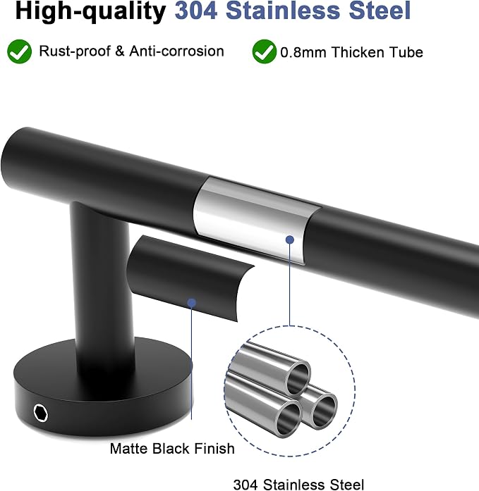 Matte Black Towel Bar, 18 Inch Towel Racks for Bathroom Wall Mounted, SUS304 Stainless Steel Bathroom Towel Holder, Total Length 20.4 Inch Towel Bars