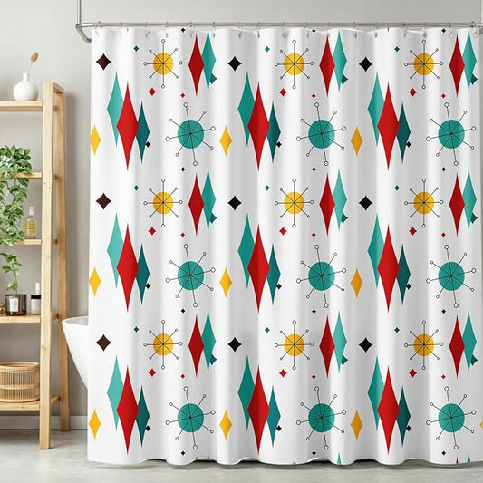 Mid Century Modern Shower Curtain,Atomic Starburst Geometric Diamond Pattern Shower Curtains Set for Bathroom Fabric Decorative Bath Curtain Washable Curtain Hooks, 72x72 in
