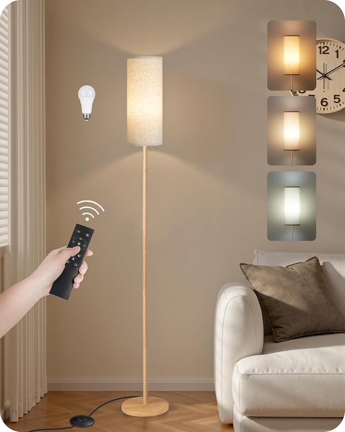 Wooden Textured Pole Lamp, Dimmable Floor Lamps for Living Room with Remote and Foot Switch, 64.4” Standing Tall Lamp, Corner Floor Light for Bedroom, Bulb Included, 3000K-6500K, FCC Listed XE06LD05W1