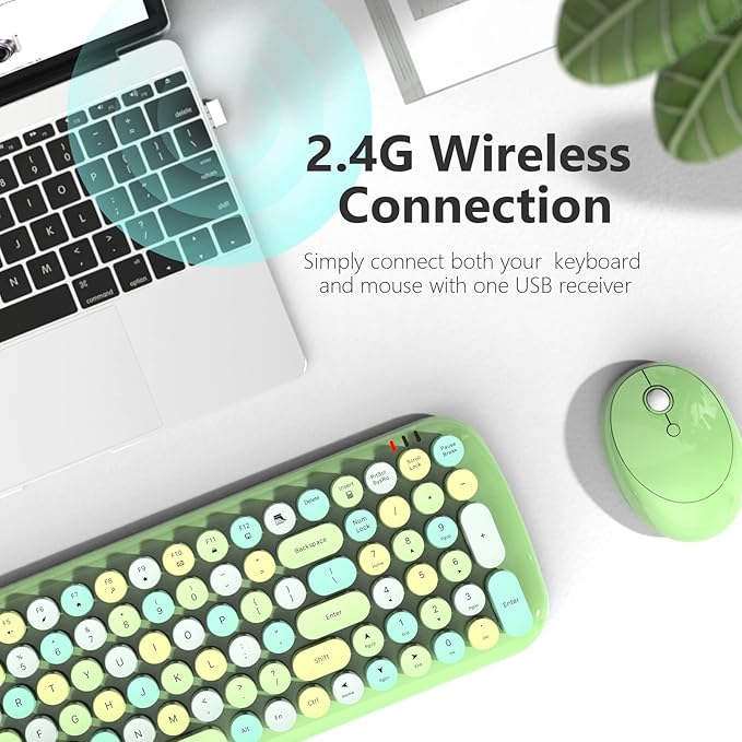 Wireless Keyboard and Mouse Combo, MOWUX - Modern Compact Layout, Colorful Compact Candy Mouse and Retro Round Keyboard Set with Cover, for PC/Laptop/Windows/Mac - Green Colorful