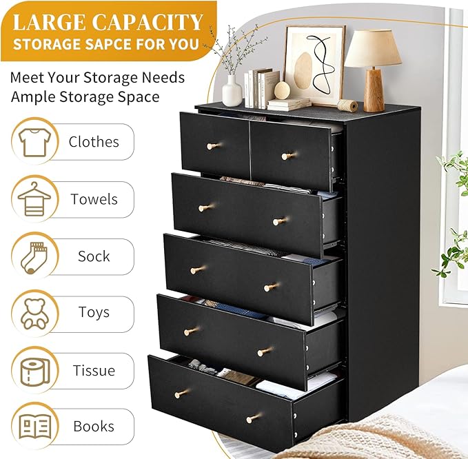 Karl home Black 6 Drawer Dresser for Bedroom, Modern Wood Dresser Chest of Drawers, Pink Bedroom Dressers for Girls, Anti-Tipping Device, Rose Gold Metal Handle, Living Room, Entryway, Hallway, Office