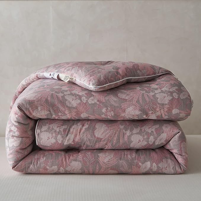 HighBuy Pink Floral King Size Comforter Set Muslin Cotton Soft Luxury Boho King Comforter Jacquard Print Breathable Lightweight Fluffy Bedding Sets with 1 Comforter and 2 Pillow Shams