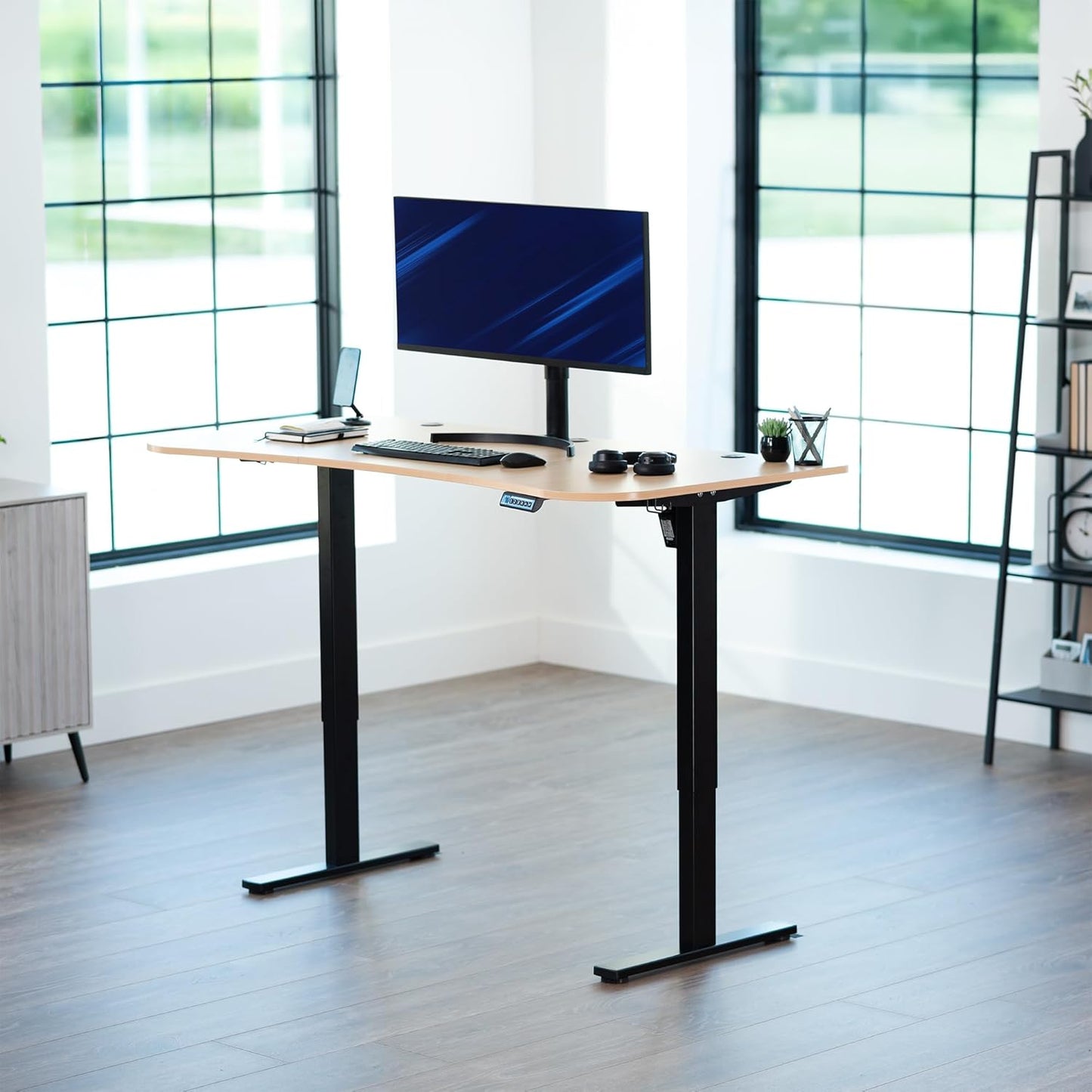 VIVO Electric Standing Desk - Memory Height Adjustment, 63 x 32 in, Light Wood Top & Black Frame
