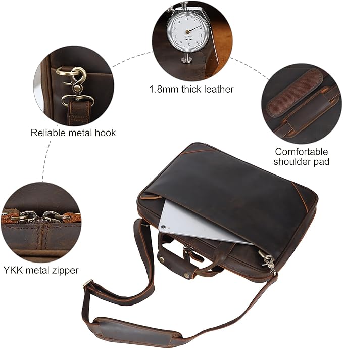 Leather Slim Briefcase for Men 15.6" Laptop Crossbody Messenger Bag Business Work Lawyer Attache Case