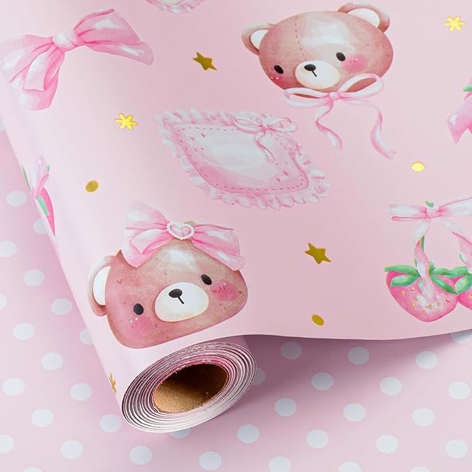 Burymento Pink Strawberries Bear Wrapping Paper, Reversible Dot Design Gift Wrap for Baby Shower, Birthday, Valentines, Mothers day, Graduation, Wedding, Fathers day, Christmas (17 Inch X 32.8 Feet)