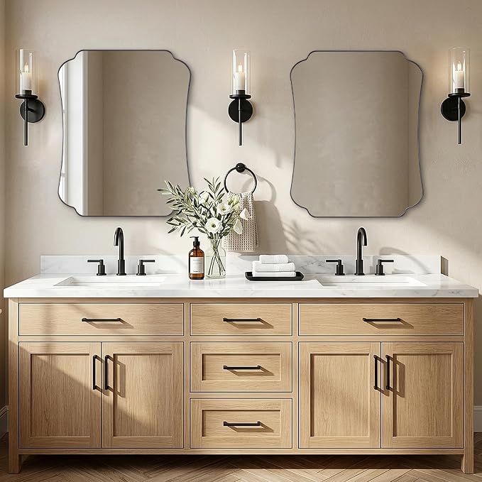 ANDY STAR Bathroom Vanity Mirror, 24x30 Matte Black Rectangle Mirror with Scalloped Round Corner, Vintage Asymmetrical Metal Wall Mirror for Entryway, Living Room