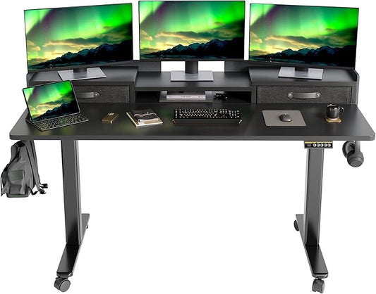 Claiks Standing Desk with Drawers, Adjustable Stand Up Electric Standing Desk Adjustable Height with Storage Shelf and Splice Board, 59 Inch, Black