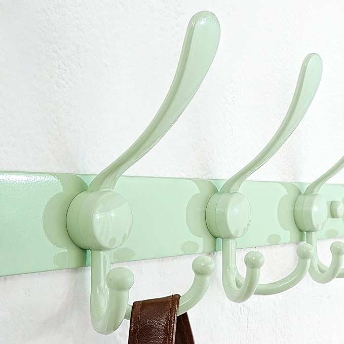 Dseap Coat Rack Wall Mount - 29.5” Long 8-Tri-Hooks Heavy Duty Coat Hanger Rail Wall Hooks for Hanging Coats Hats Clothing Clothes Purse Mudroom Entryway, Green, Pack of 2