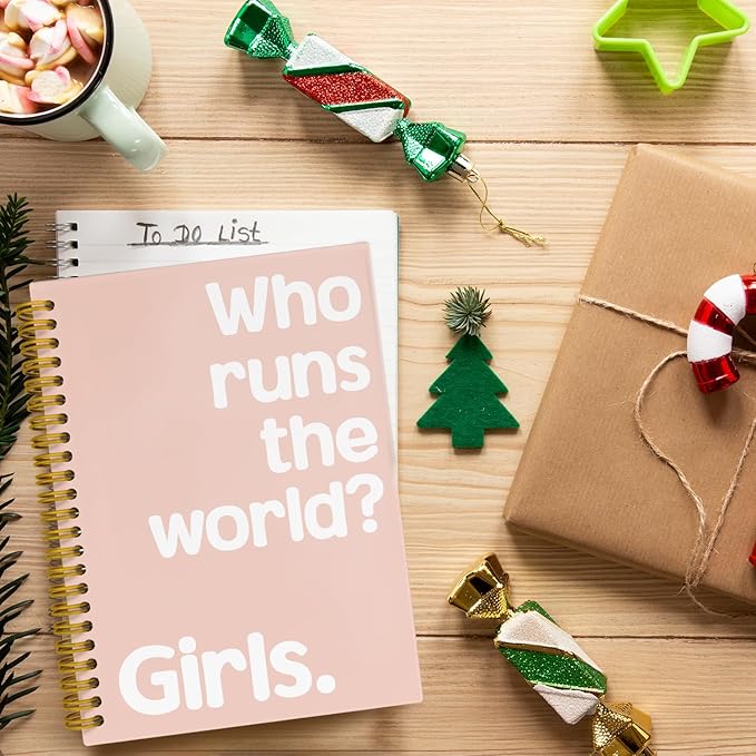 JKMBN Who Runs The World Journaling Notebooks, Pink Preppy Spiral Notebook, Inspirational Gifts for Women Teen Girls, Hardcover Spiral Notebooks College Ruled 5.5 x 8.3