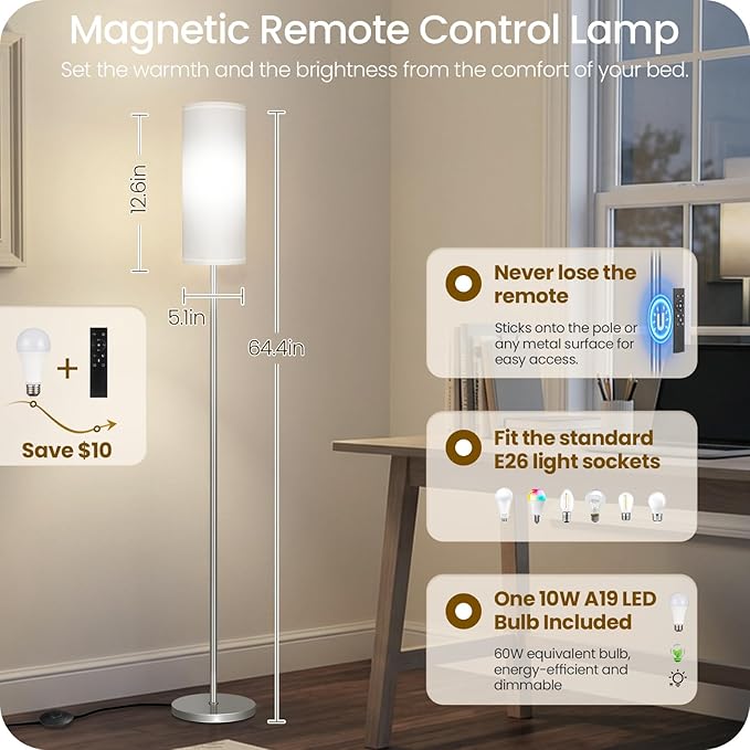 Dimmable Floor Lamps for Living Room with Remote and Foot Switch, 64.4” Modern Standing Tall Lamp, Corner Lamp for Bedroom, Office, Bulb Included, 3000K-6500K, White and Silver, FCC Listed SCW06LD05W1