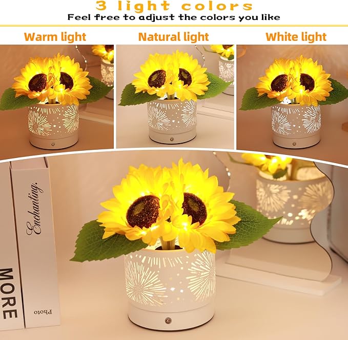 Birthday Gifts for Women,Sunflower Flower Touch Lamp,Rechargeable Cordless Lamp 3-Colour Dimming Night Light for Festival,Restaurant,Bedroom,Office Home Decor Gifts for Women Mom