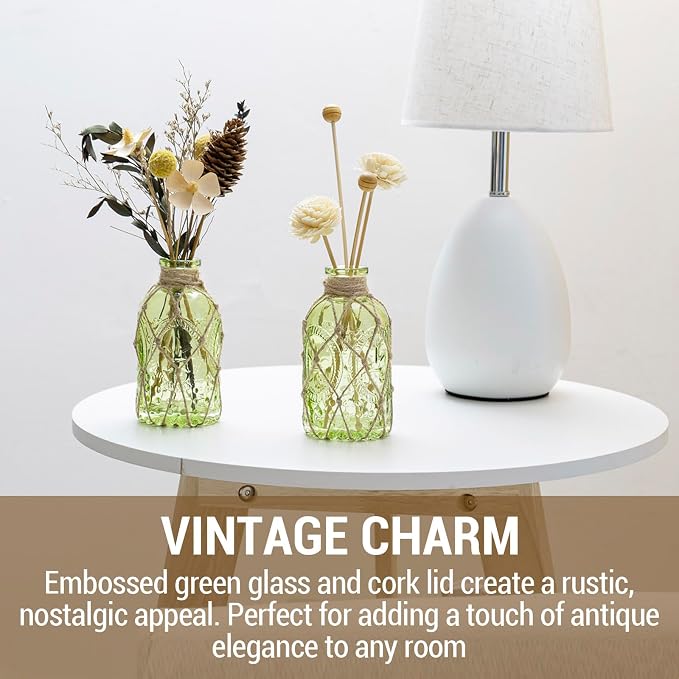 MyGift Set of 2 Vintage Embossed Green Glass Reed Diffuser Bottles with Cork Lids – Decorative Small Flower Bud Vases for Home Fragrance & Tabletop Decor