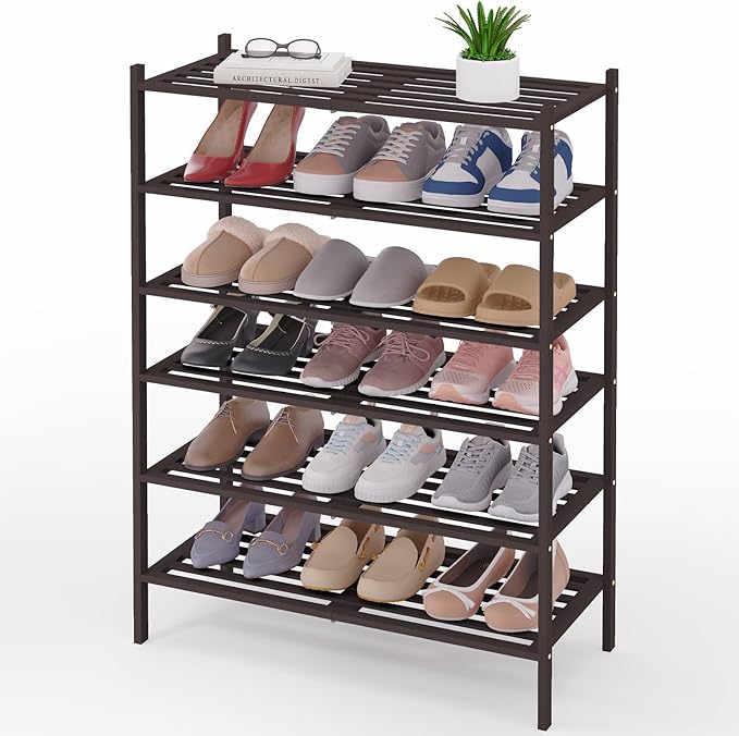 Smiry Bamboo Shoe Rack 6-Tier, Stackable Wooden Shoe Organizer for Entryway & Closet, Free Standing Wood Shoe Storage Shelf for Front Door & Small Spaces, Brown