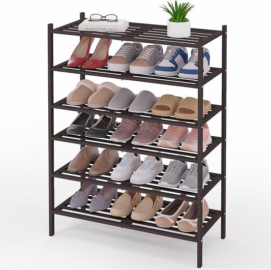 Smiry Bamboo Shoe Rack 6-Tier, Stackable Wooden Shoe Organizer for Entryway & Closet, Free Standing Wood Shoe Storage Shelf for Front Door & Small Spaces, Brown