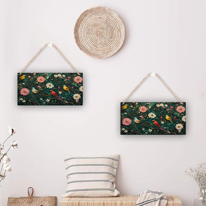 Retro Birds & Floral Scene Wooden Sign 12x6 Inch – Nostalgic Decors for Vintage Fans, Transform Gallery Wall & Great for Eclectic Interiors