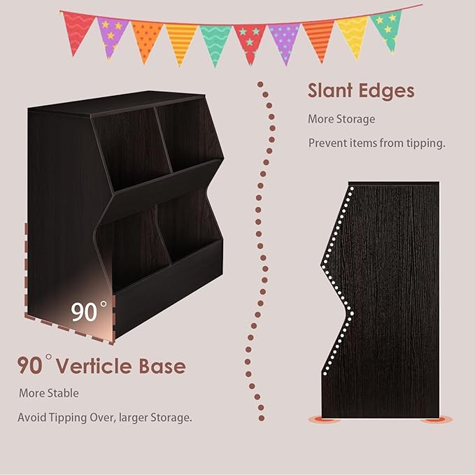 DINZI LVJ Kids Bookshelf, Toy Storage Organizer, Wooden Toy Cabinet, 4 Cubby Children Bookcase, 31.5" L Toddler Book Shelf for Bedroom, Nursery, Hallway, School, Espresso