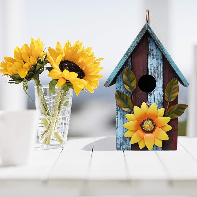 Rustic Decorative Bird House for Outside, Outdoor Hanging Wood Hand-Painted Bird House with Sunflower Decor, Wooden Hanging Garden Birdhouse Porch Yard Decor 9.37"X6.38"X4.25" (Red & Blue)