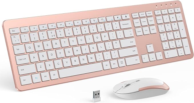 Wireless Keyboard and Mouse Combo, Full Size Slim Thin Cordless Keyboard Mouse with Numeric Keypad, Quiet Computer Keyboard Mice Set 2.4G Stable Connection Adjustable DPI (Rose Gold)