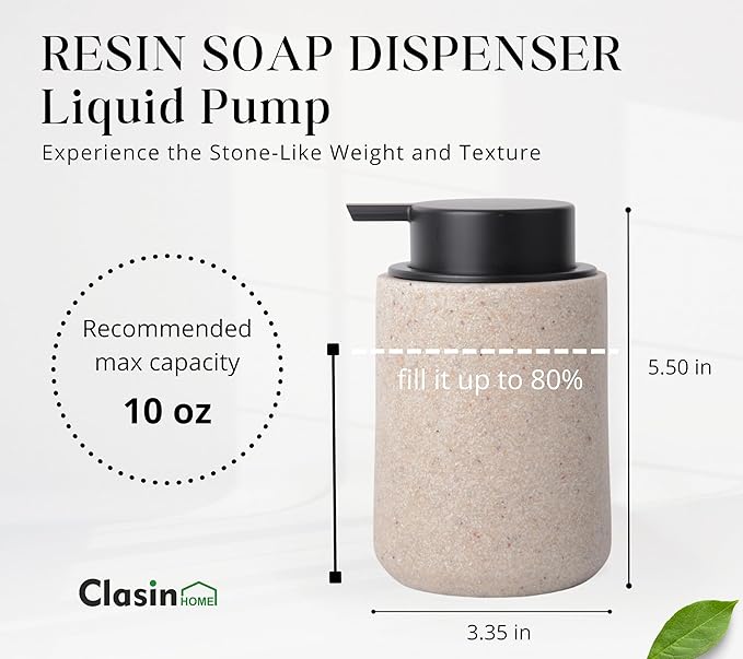 Clasin Home Resin Hand Soap Dispenser Easy-to-Press Liquid Pump, Refillable Soap Dispenser with Sandstone Like Finish, Waterproof Bottle Labels for Bathroom Kitchen Dish Lotion (Beige,10 oz)