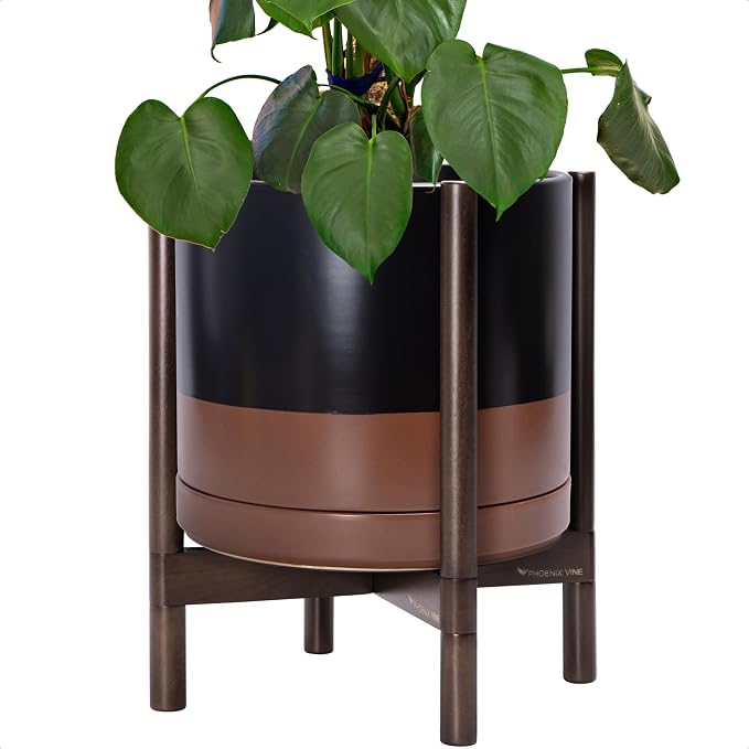 D'vine Dev Ceramic Planter with Walnut Color Stand - 14 Inch Modern Round Flower Pot with Wood Planter Holder, Black/Speckled Tan, 55-B-T-7
