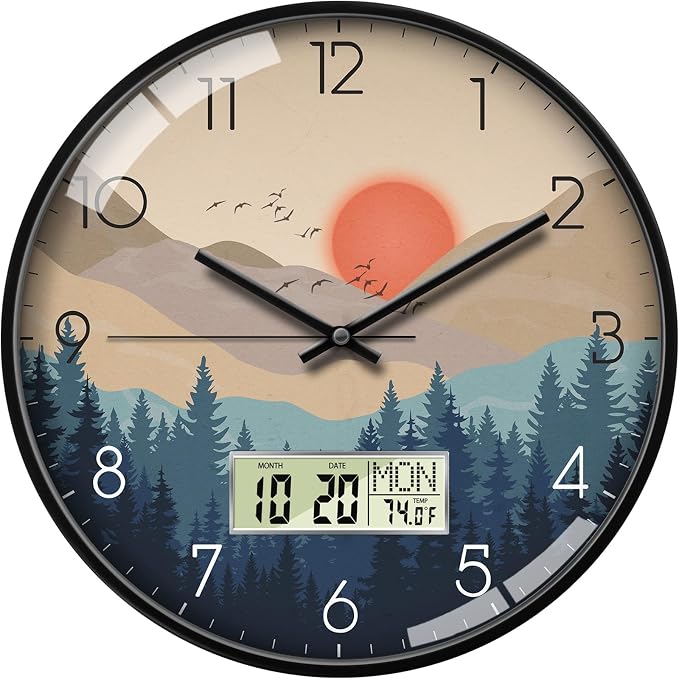 Wilderness Sunset Wall Clock, 14 Inch Silent Non-Ticking Battery Operated Analog Clock with LCD Date Day Temp Display, Decorative for Living Room, Bedroom, Kitchen, Office, Farmhouse, Cabin