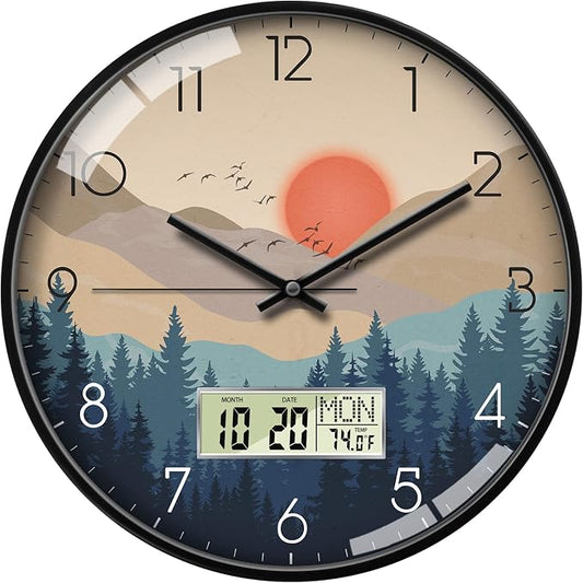 Wilderness Sunset Wall Clock, 14 Inch Silent Non-Ticking Battery Operated Analog Clock with LCD Date Day Temp Display, Decorative for Living Room, Bedroom, Kitchen, Office, Farmhouse, Cabin