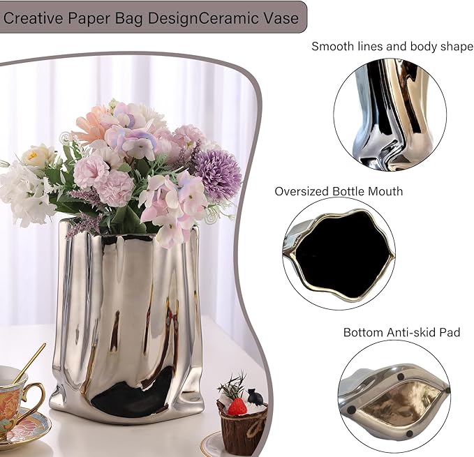 VanEnjoy Large Silver Vase - Wide Mouth, Ceramic Silver Vases for Home Decor