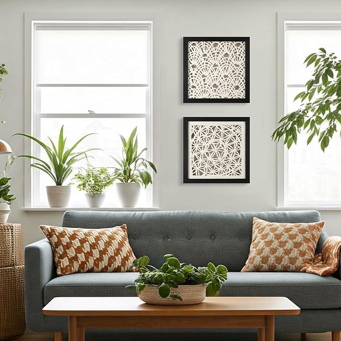 FOLKOR Framed Abstract Wall Art Apartment Living Room Decoration, 12" Handmade Rice Paper Black and White Shadow Box Artwork, Geometric Beach House Decor Wall Hanging Sculpture Gallery Art Decor