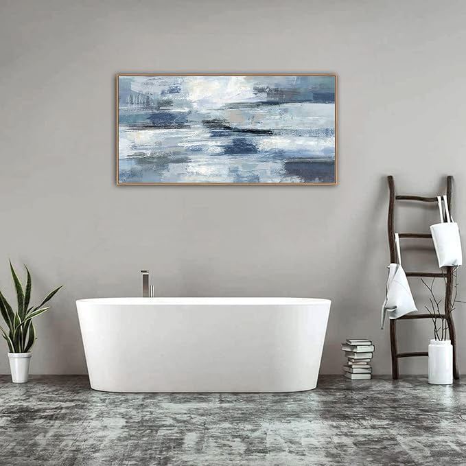 Abstract Framed Canvas Wall Art Vintage Blue White Grey Pictures Ocean Wall Decor Modern Artwork Painting Prints for Living Room Bedroom Bathroom Office Home Decoration Ready to Hang 24" X 48"