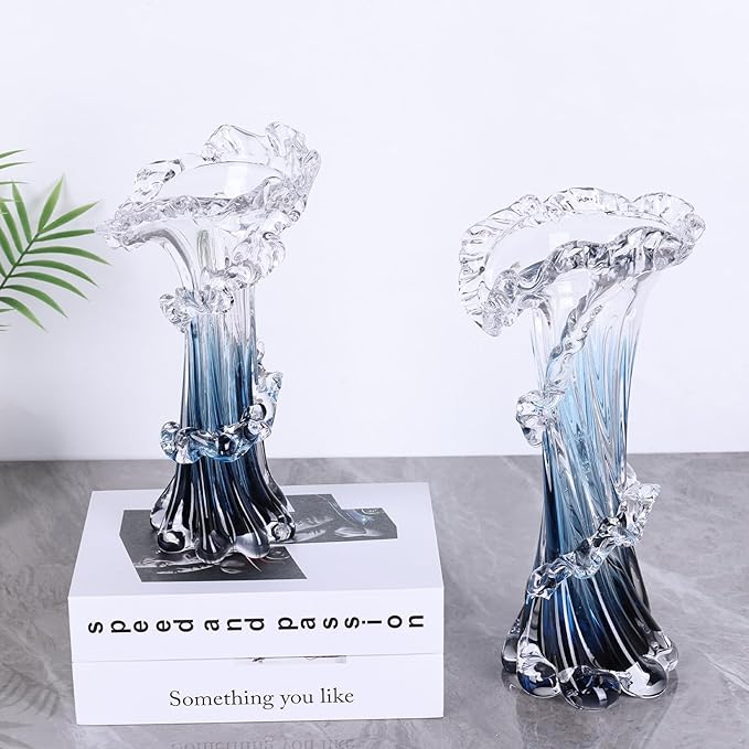 9.8" H Blue Blown Glass Vase, Modern Art Hand Blown Coastal Vase,Beautiful Unique Ocean Wave Centerpieces for Living Room, Bedroom, Office Desktop,Coffee Table and Wedding Decorative (M)
