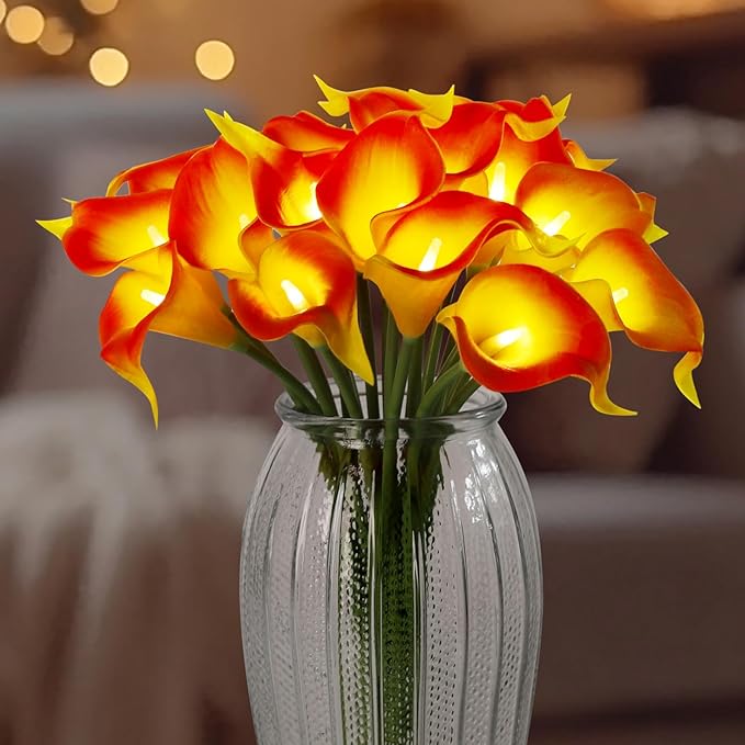 20pcs Lighted Artificial Calla Lily Bouquet Lamp Faux Floarl Night Light Real Touch Flower Night Lamp LED Calla Lily Artificial Flower Light for Christmas Gifts Home Kitchen Decor(Orange)