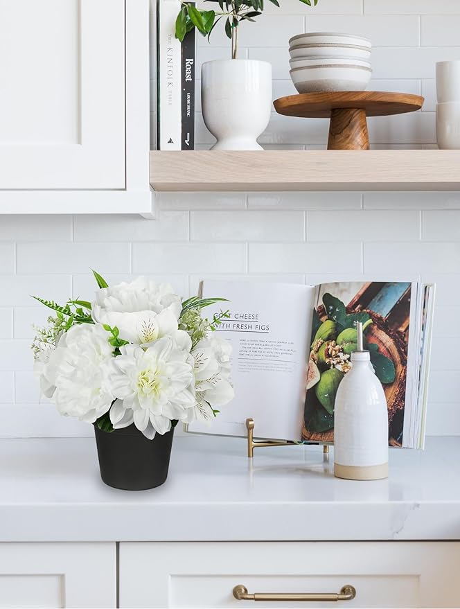 White Artificial Flowers Small Fake Flowers in Vase Peonies Dahlia Tiger Lily Potted Silk Flower Arrangements Faux Plants & Flowers Home Bathroom Kitchen Table Centerpieces Desk Decor