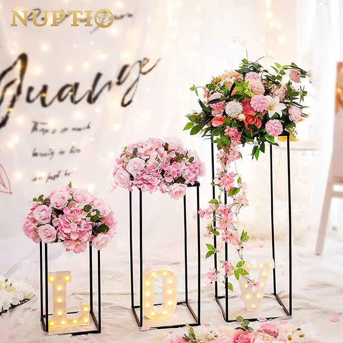 Nuptio Black Vase Plant Stand - 3 Pcs Tall Flower Vases for Wedding Birthday Party Centrepieces - Metal Column Display Table Rack Indoor Corner Flower Stand for Living Room Decor(15.7/23.6/31.5in)